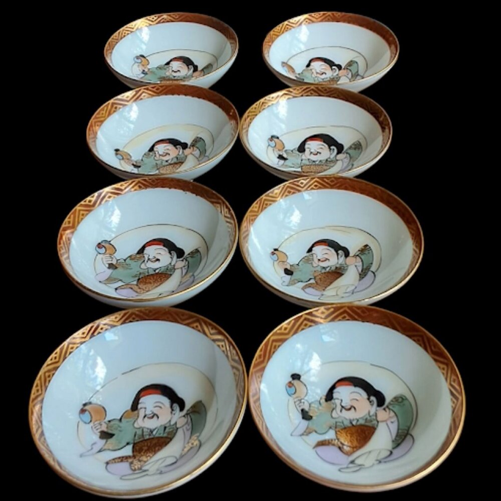 Vintage Kutani Japanese Sake Cup Set (8 Cups), Accented Gold, Lucky God "Hotei"